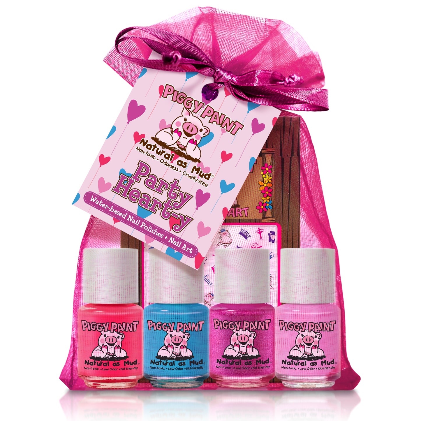 The Piggy Paint Party Heart-Y Gift Set includes a pink organza bag with four kid-friendly, non-toxic nail polishes, a nail file, stickers, and a tag featuring hearts and a cartoon pig logo.