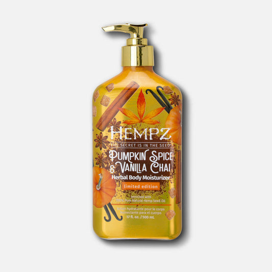 Hempz 17 oz Herbal Body Moisturizer with a gold pump features autumn-inspired graphics and hemp seed oil; this cruelty-free, vegan lotion is ideal for cozying up your fall skincare routine.