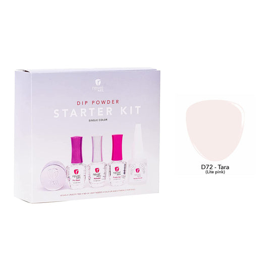 A Revel Nail Dip Powder Starter Kit- 0.5 oz Powder and EZ Liquids box is shown with four EZ Care nail polish bottles, one jar, and a light pink Essential Dip Powder swatch labeled D72 – Tara (Lite pink).