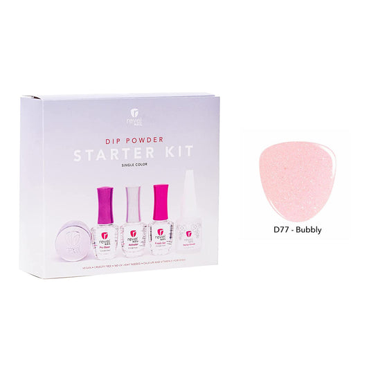 A Revel Nail Dip Powder Starter Kit- 0.5 oz Powder and EZ Liquids box with four bottles—including Pro Base EZ Care—and one powder jar, shown with a pink dip powder swatch labeled D77 - Bubbly.