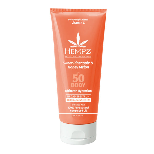 A 6 oz tube of Hempz Sweet Pineapple & Honey Melon Herbal Body Sunscreen SPF 50 with Vitamin C and hydrating hemp seed oil for ultimate hydration.