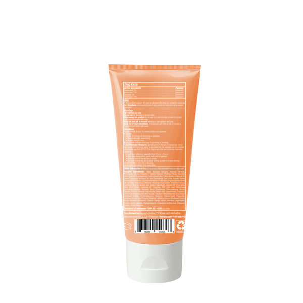 An orange tube with a white cap, shown from the back, displays product info and a barcode in white text. Hempz Sweet Pineapple & Honey Melon Herbal Facial Sunscreen SPF 50 (3 oz.) moisturizes skin. Background is plain white.