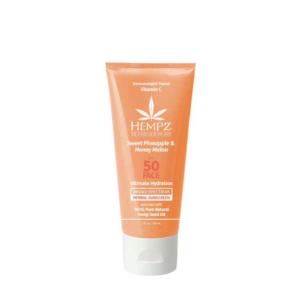 Hempz Sweet Pineapple & Honey Melon Herbal Facial Sunscreen SPF 50 (3 oz) in an orange tube provides broad-spectrum protection, ultimate hydration, and natural hemp seed oil to moisturize your skin.