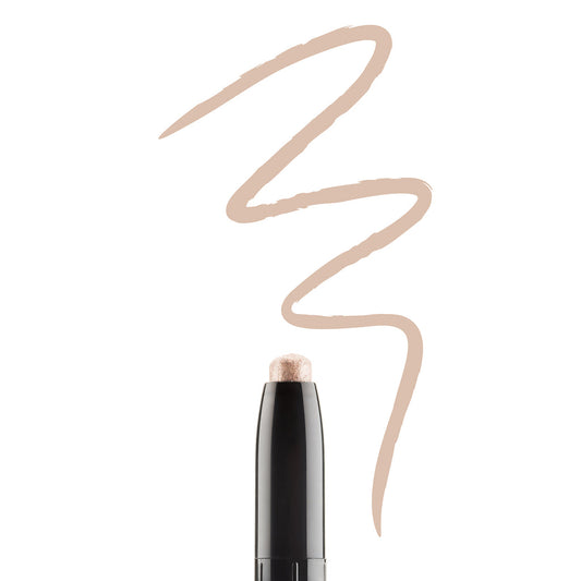 The Bodyography Eye Shadow Stylist Crayon in Aglow (Metallic Champagne) is shown with a zigzag champagne line above it on a white background—ideal for quick, shimmery eye looks.