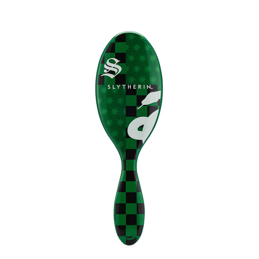 The Wet Brush Original Detangler Harry Potter features a green design with a black checkerboard pattern, SLYTHERIN text, stylized snake, and S logo inspired by Slytherin. Ideal for all hair types.
