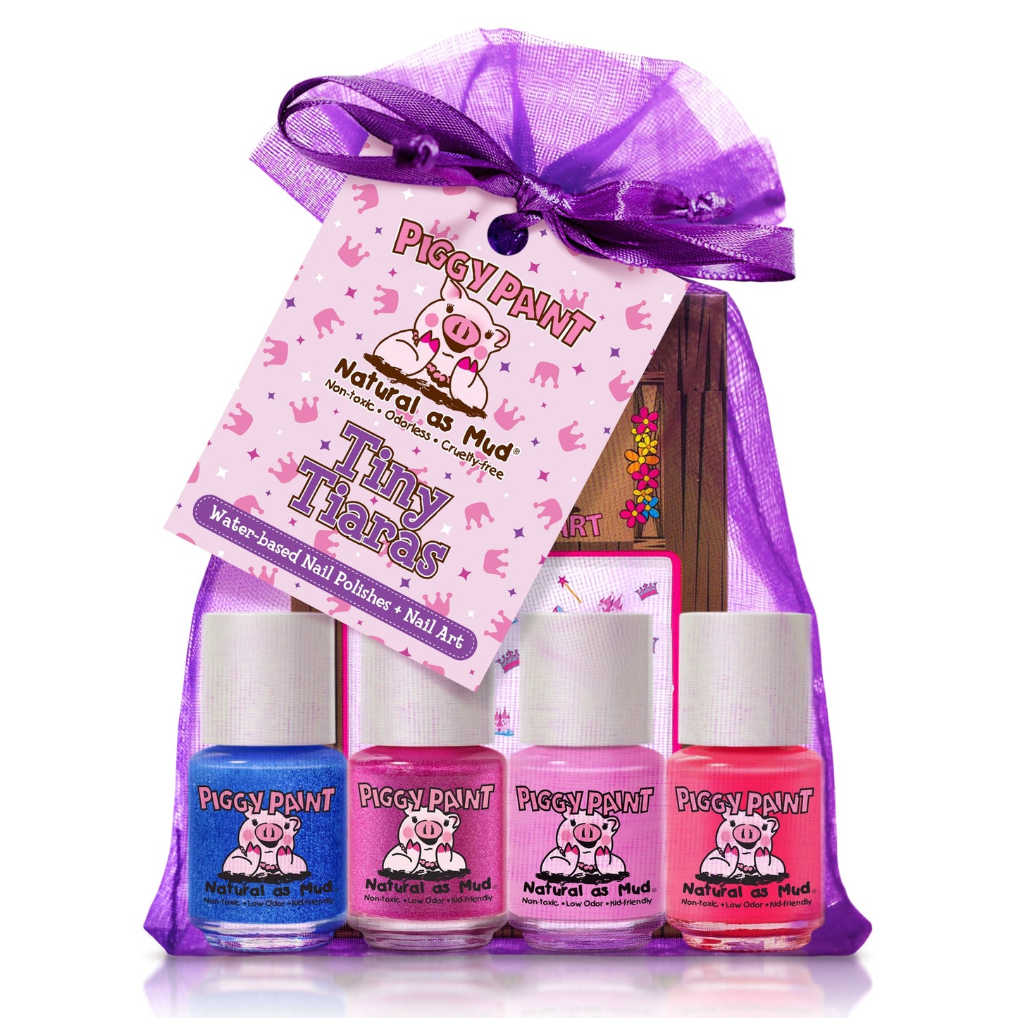The Piggy Paint Tiny Tiaras Gift Set includes four bottles of kid-friendly, non-toxic nail polish in blue, pink, and red, packed in a purple mesh bag with a decorative Tiny Hands & Natural as Mud tag and nail art stickers inside.