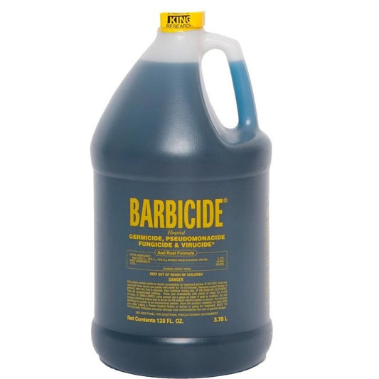 Barbicide disinfectant gallon container with blue liquid designed for effective cleaning and sanitizing
