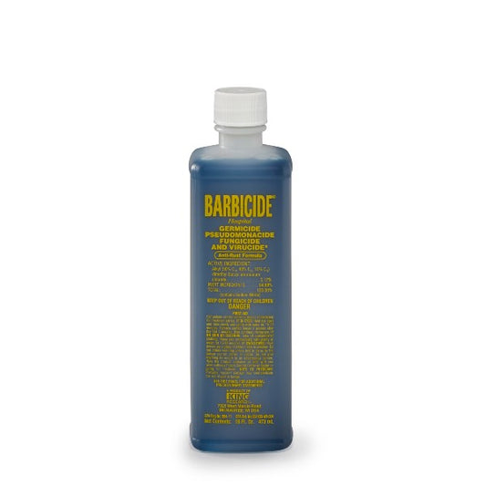 Barbicide disinfectant solution in a 16-ounce bottle for effective sanitization in salons and barbershops