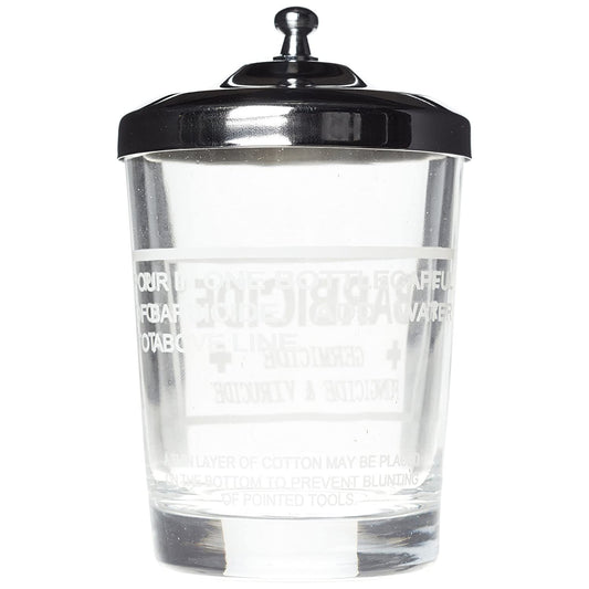 Barbicide jar for manicure table with clear container and black lid for tool sanitation