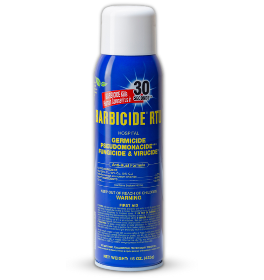 Barbicide RTU disinfectant spray in a 15-ounce can for effective germicidal cleaning