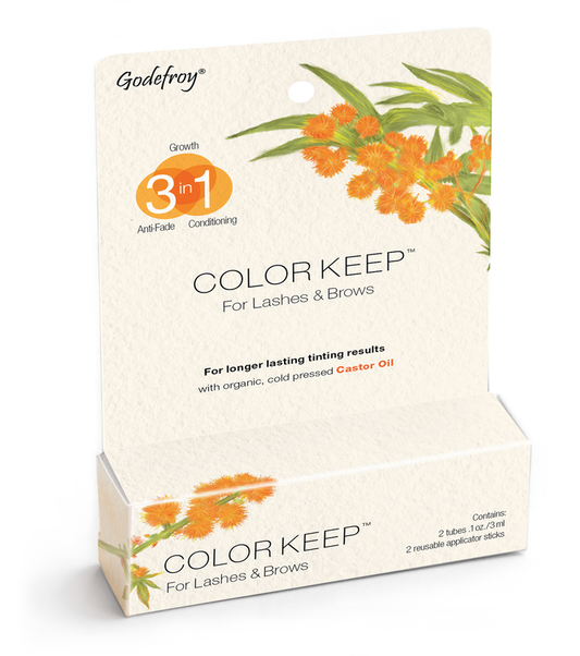 Godefry Color Keep for Lashes and Brows features orange flowers, green leaves, and text highlighting 3-in-1 growth, anti-fade, and conditioning—perfect after lamination or tinting—with organic cold-pressed castor oil.