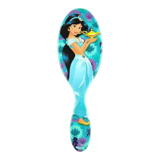 Disney Princess detangler brush featuring Jasmine holding a magic lamp on a colorful background