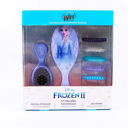 Disney Princess hair brush set featuring Frozen II detangling brush and colorful jelly bands