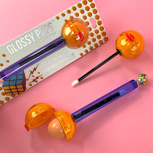 Glossy Pops 80's inspired lip balm and gloss in bright packaging with a fun retro design