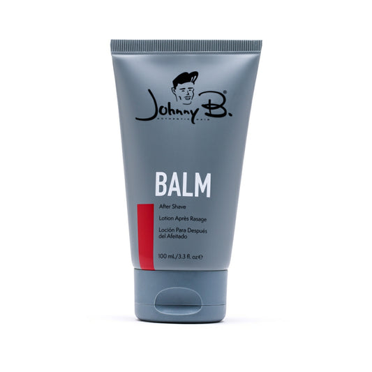 Johnny B. After Shave Balm in a grey tube, soothing skin post-shave with moisturizing ingredients.