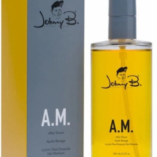 Johnny B AM after shave in a sleek bottle with a gray box for post-shave skin comfort and freshness