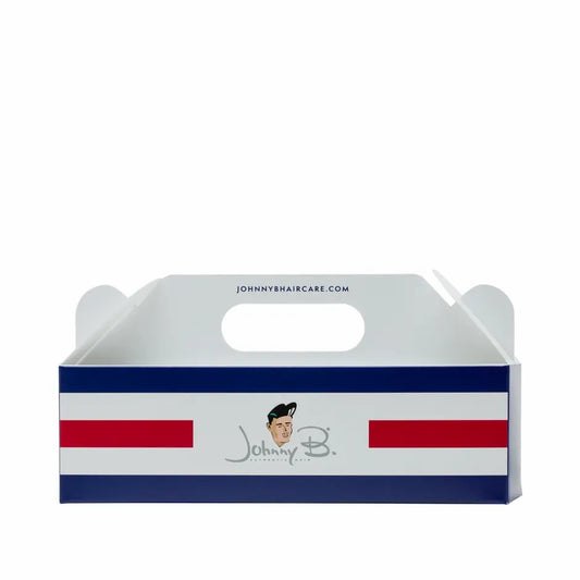 Johnny B barbering box with a classic barber pole design for stylish grooming supplies storage