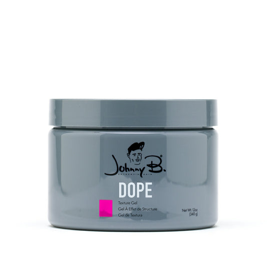 Johnny B. DOPE Texture Gel in a gray container for styling and texturizing hair