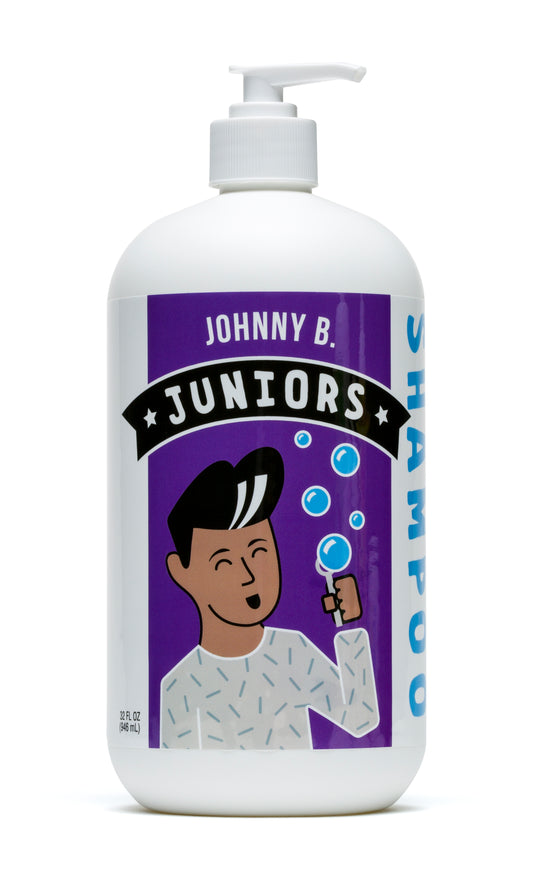 Johnny B Juniors Shampoo bottle featuring a fun design and a pump for easy dispensing