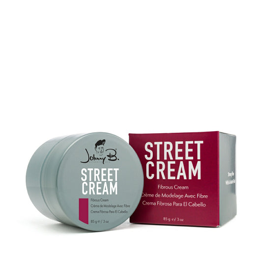 Johnny B Street Cream fibrous styling cream in grey container for textured hairstyles
