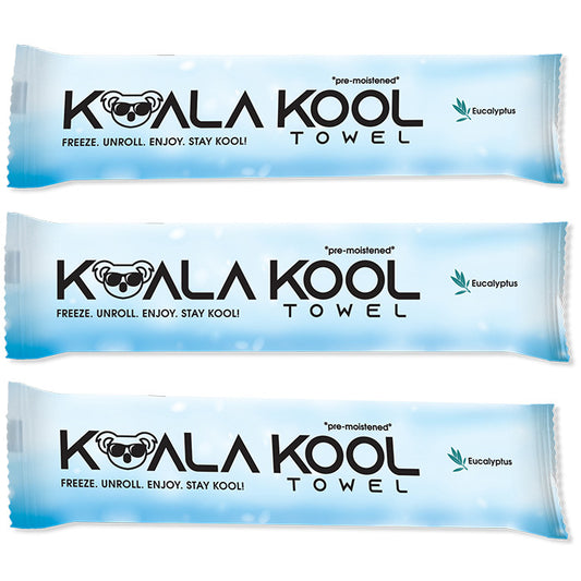 White Towel Services Koala Kool Towel 250 ct. features blue and white packaging with a koala face, eucalyptus icon, and the text: Freeze. Unroll. Enjoy. Stay Kool! Each pre-moistened extra-large cotton towel is infused with eucalyptus essential oil for freshness.