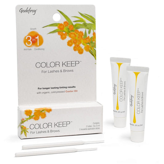 A box labeled Godefry Color Keep for Lashes and Brows is shown with two small tubes, two applicator sticks, and a plant illustration. Perfect for lamination or tinting, it features castor oil and 3-in-1 benefits.