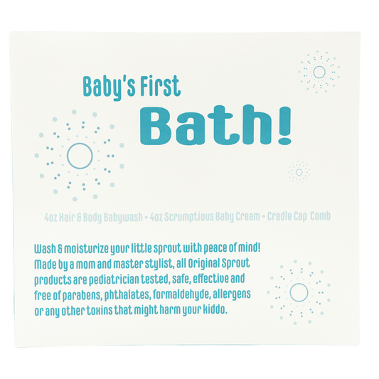 Original Sprout baby's first bath kit including shampoo, baby cream, and cradle cap comb for gentle care