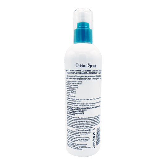 Back view of Original Sprout Miracle Detangler spray bottle with usage instructions and ingredients listed
