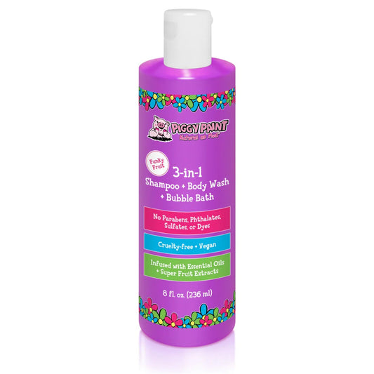 Piggy Paint 3-in-1 shampoo in vibrant purple bottle for kids with no harmful chemicals