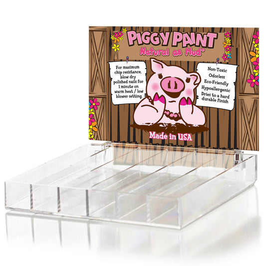 Piggy Paint acrylic display for showcasing non-toxic nail polish with a cute pig design