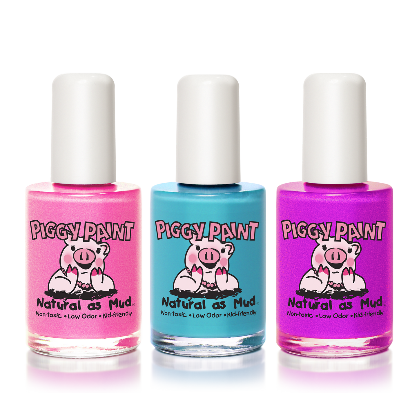 Piggy Paint Birthday Bash Gift Set featuring three vibrant, non-toxic nail polish colors for kids