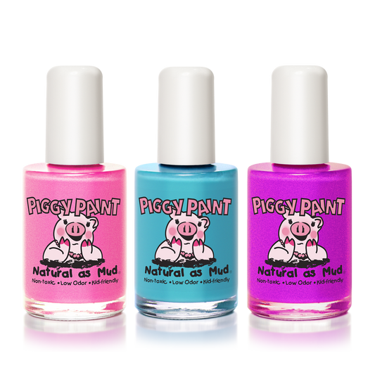 Piggy Paint Birthday Bash Gift Set featuring three vibrant, non-toxic nail polish colors for kids