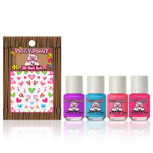 Piggy Paint Birthday Cake Shake gift set featuring four colorful nail polishes and 3D nail art design accessories