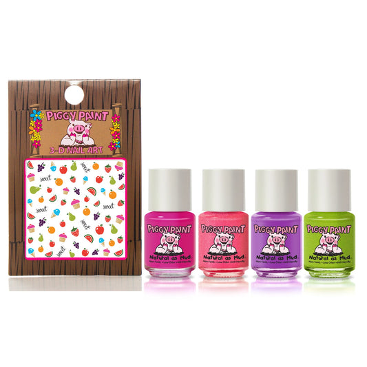 Piggy Paint Cutie Fruity gift set featuring four vibrant nail polishes and fun fruit-themed nail art stickers
