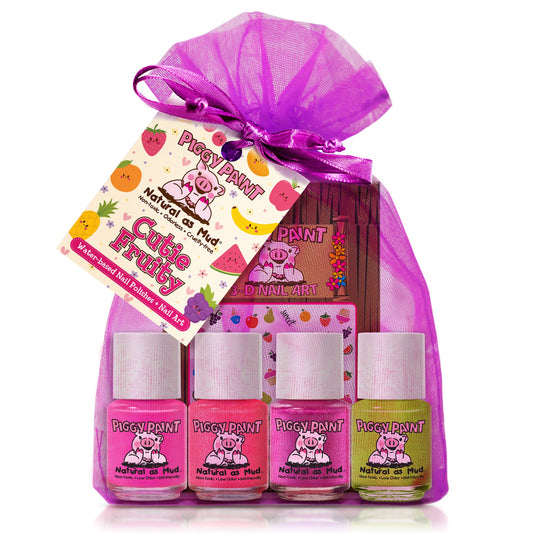 Piggy Paint Cutie Fruity gift set with four colorful kid-safe nail polishes and nail art accessories