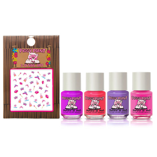 Piggy Paint gift set featuring four vibrant nail polish colors and fun nail art stickers