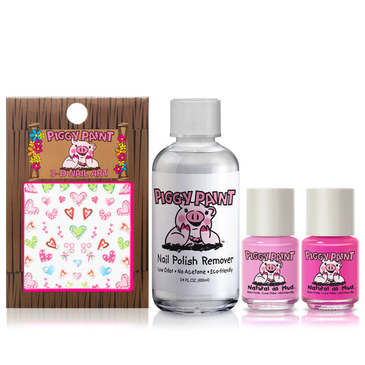 Piggy Paint gift set including pink nail polish, nail polish remover, and 3D nail art stickers