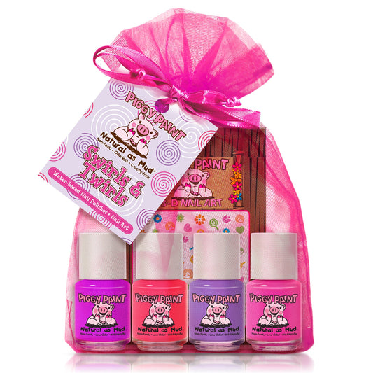 Piggy Paint gift set with four vibrant nail polish colors in a pink organza bag, perfect for kids and nail art