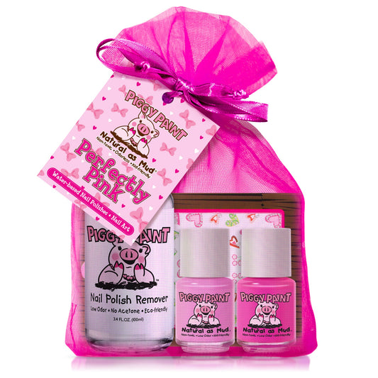 Piggy Paint gift set with Pink Nail Polish and Natural Remover in a Decorative Bag for Kids