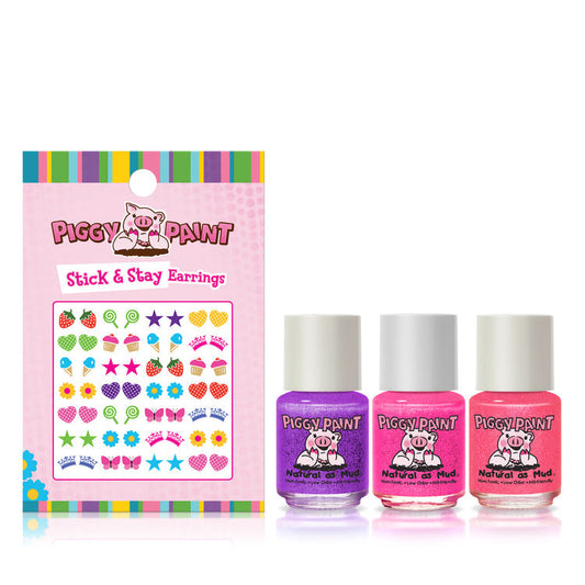 Piggy Paint gift set featuring three vibrant nail polishes and Stick & Stay Earrings for kids