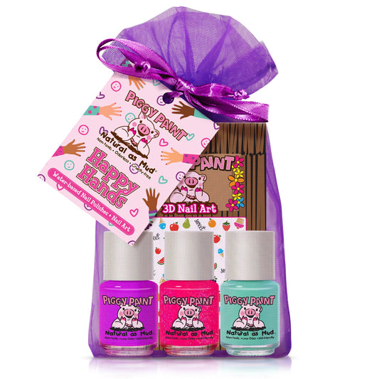 Piggy Paint Happy Hands gift set featuring three vibrant nail polishes and 3D nail art in a cute pouch