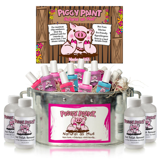 Piggy Paint kids non-toxic nail polish display featuring various vibrant colors in a decorative bucket
