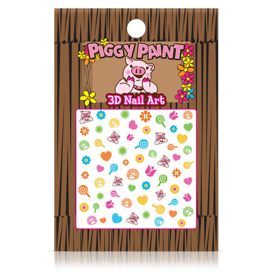 Piggy Paint nail art stickers featuring colorful designs like flowers and pigs for fun nail decorations