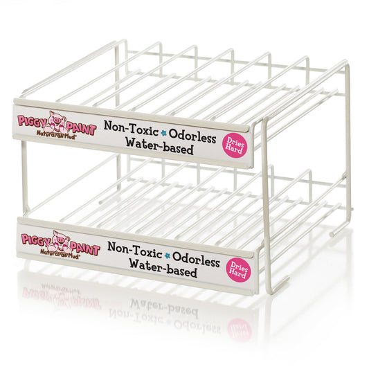 Piggy Paint nail polish display rack with two tiers for organizing non-toxic nail polish bottles