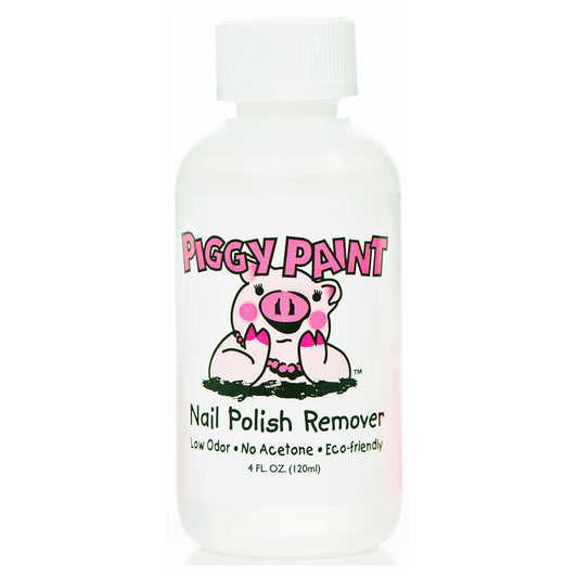 Piggy Paint nail polish remover in a 4 oz bottle, eco-friendly with low odor and no acetone