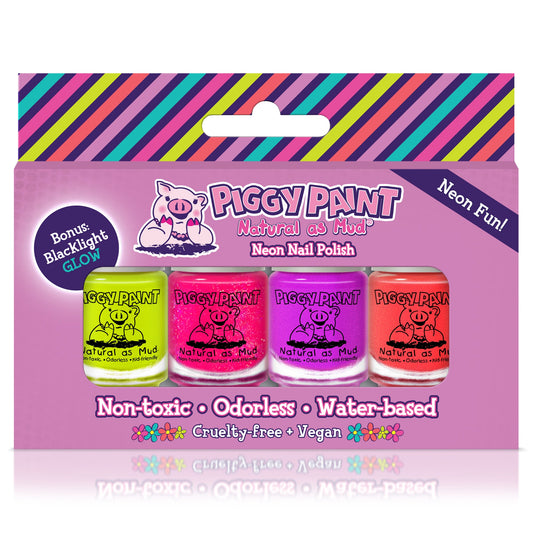 Piggy Paint neon nail polish set featuring four vibrant, non-toxic colors in a box with a bonus blacklight glow