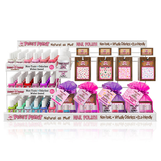 Piggy Paint non-toxic kids nail polish display with vibrant colors and eco-friendly options for children's safety