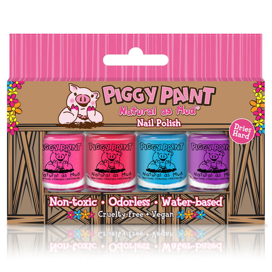 Piggy Paint non-toxic neon nail polish set with four vibrant colors in a water-based formula