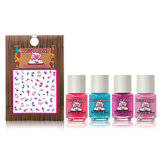 Piggy Paint Party Heart-Y Gift Set featuring four colorful nail polishes and fun nail art stickers