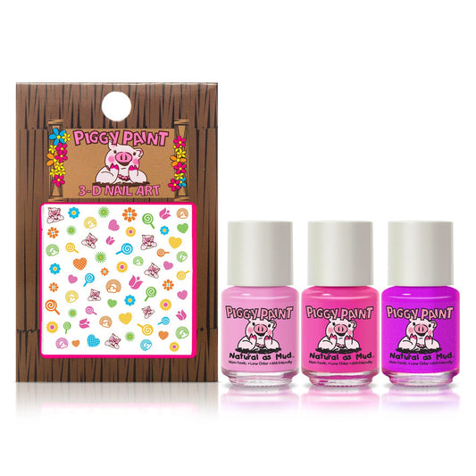 Piggy Paint Rainbow Party Gift Set with three nail polish bottles and 3D nail art stickers for kids